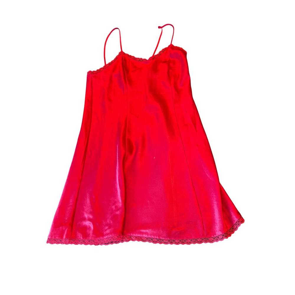 Erika Taylor Intimates Nightgown Red Satin Lace Trim Slip Dress Vintage Style M